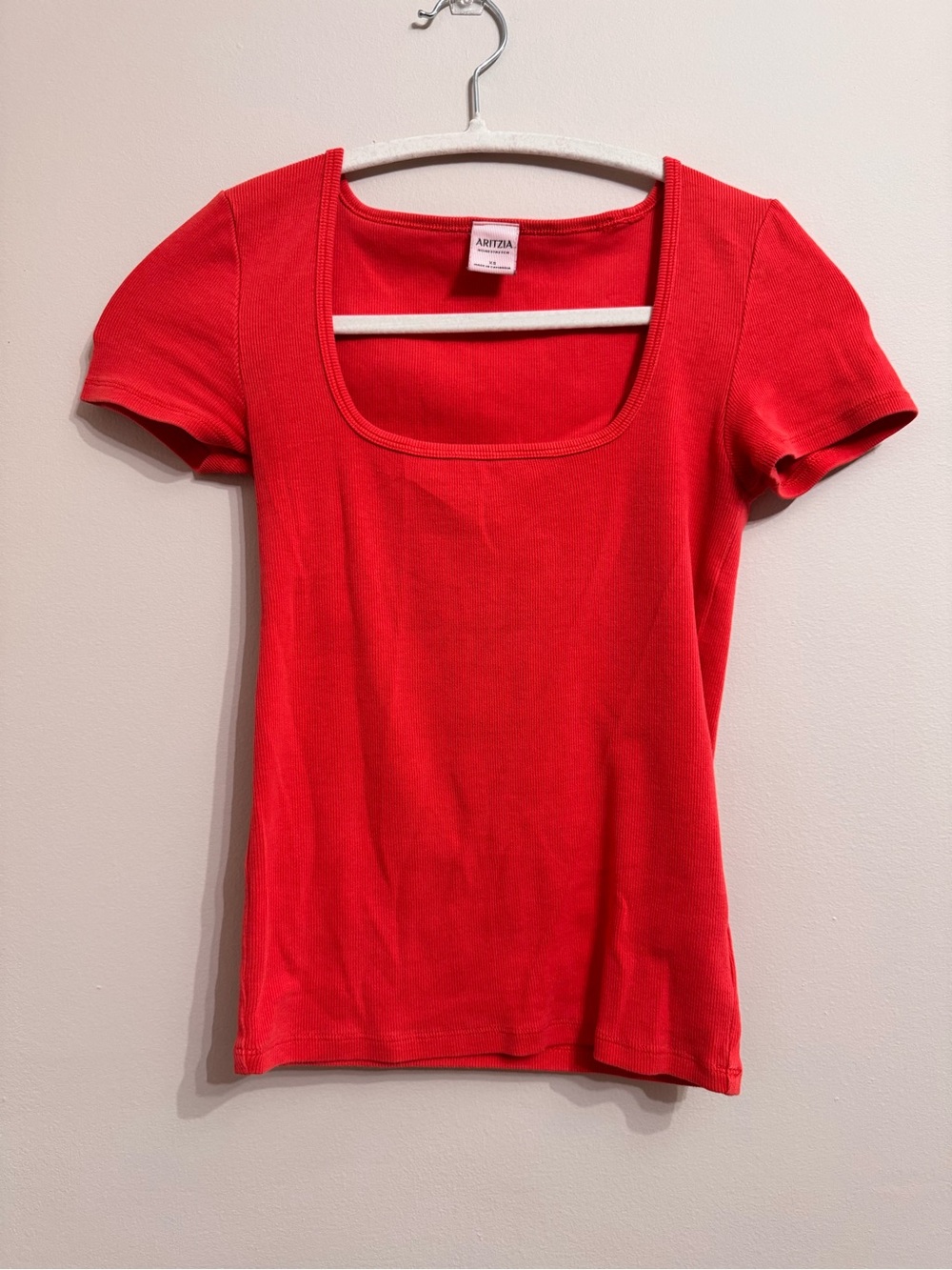 Aritzia Ribbed Red Square Neck Short Sleeve Top